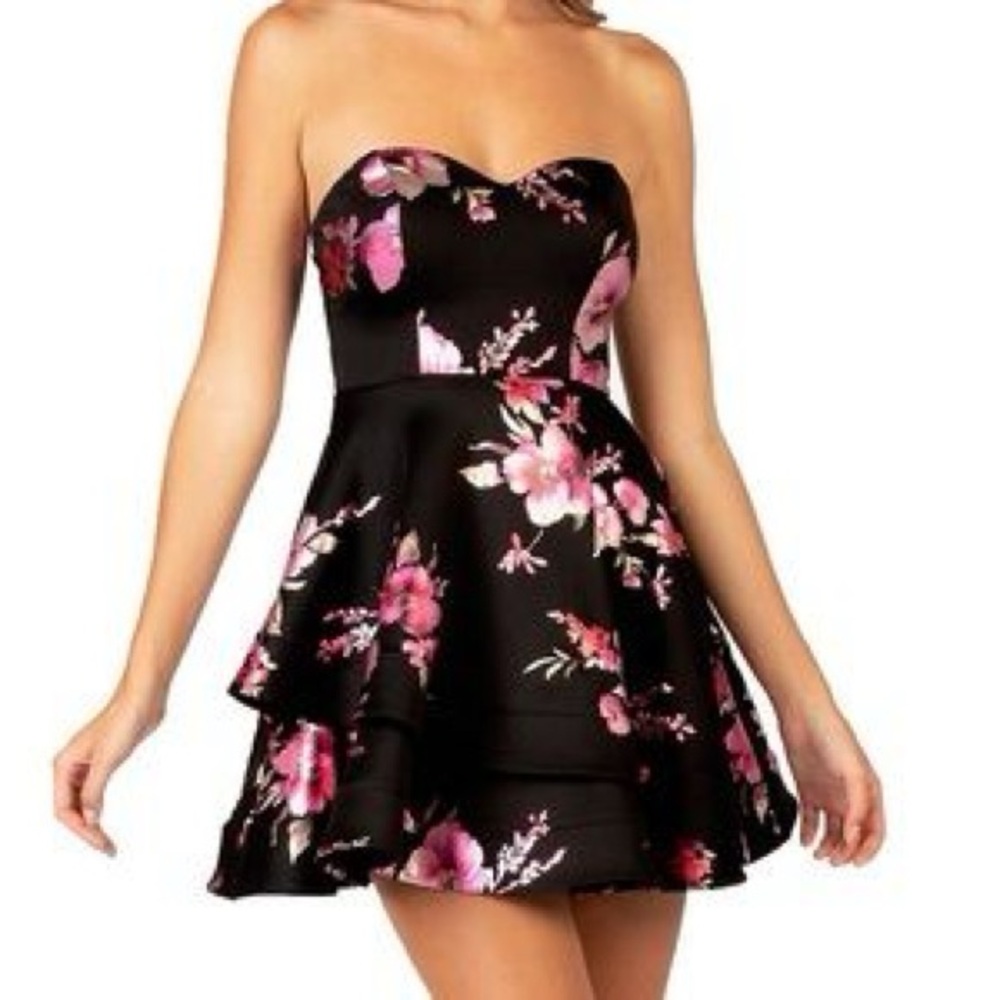 B DARLIN Womens Black Floral Sleeveless Strapless Mini Party Fit + Flare Dress